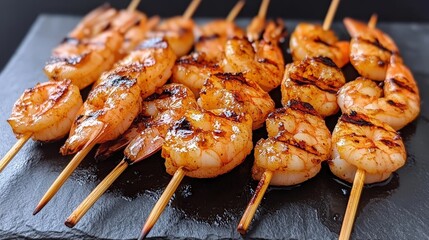Grilled shrimp skewers are arranged on a slate platter, showcasing a smoky, golden-brown char and savory seasoning.