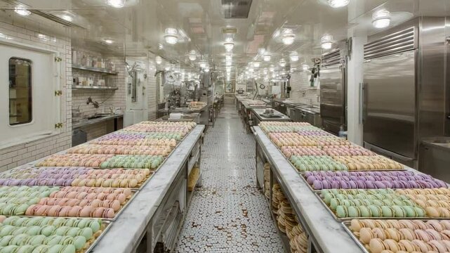 Colorful macarons displayed in a modern pastry kitchen with bright lights and stainless steel