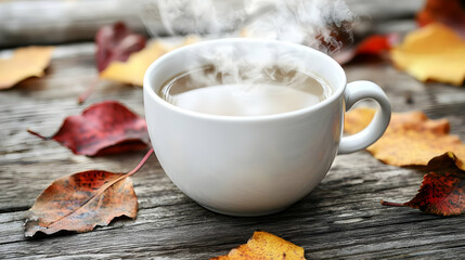 Cozy autumnal drink on wooden surface. Steam rising from a white teacup filled with warm beverage surrounded by colorful autumn leaves