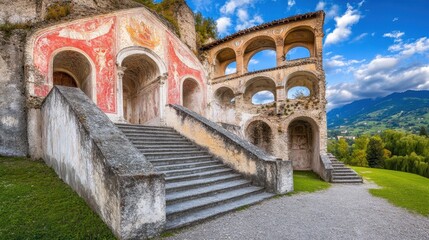 Obraz premium Ancient sanctuary ruins climbing the mountainside with stone steps under a summer sky offering scenic vista views and historic reverence