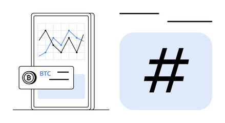 Fototapeta premium Mobile screen showing cryptocurrency graph with BTC card, alongside metadata tag symbol. Ideal for blockchain, cryptocurrency, financial growth, market trends, technology, social media, simple