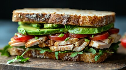 Delicious multi-layered sandwich with fresh vegetables and crisp bread showcasing healthy ingredients and appealing presentation for a tasty meal or snack
