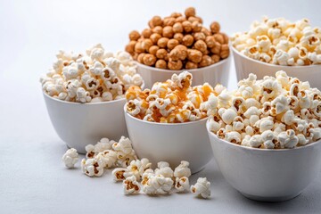 Variety of popcorn flavors displayed in bowls with some scattered pieces on a clean surface