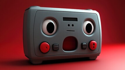 Obraz premium A gray box-shaped device with large eyes and an open-mouthed expression, situated on a red background
