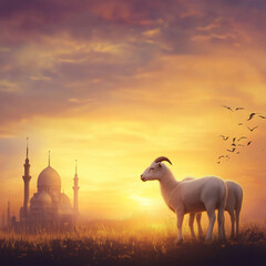 A stunning sunset silhouette of a goat with a mosque in the background, capturing the essence of spirituality and celebration during Eid al-Adha.