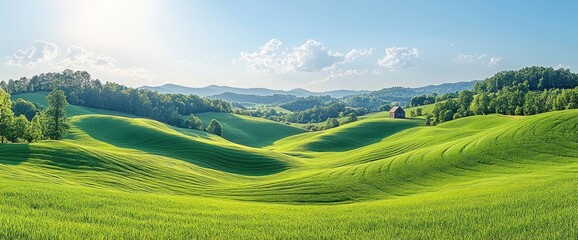 Obraz premium Lush green hills and valleys under a sunny sky