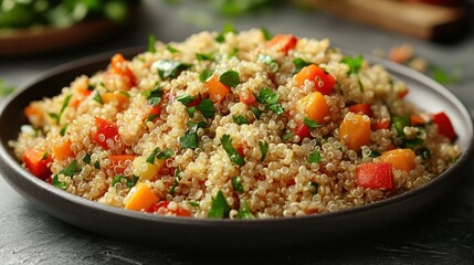 Colorful healthy vegetable quinoa salad with mixed vegetables including red yellow and green peppers carrots and herbs served in a black bowl on dark wooden background