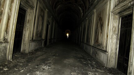 Fototapeta premium Mysterious eerie dark hallway with distant light in an old abandoned building creating a sense of fear mystery and tension