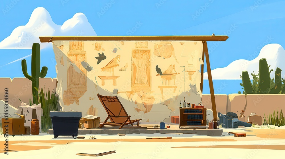 Poster pixelated desert encampment illustration depicting a secluded refuge with retro aesthetic and unique