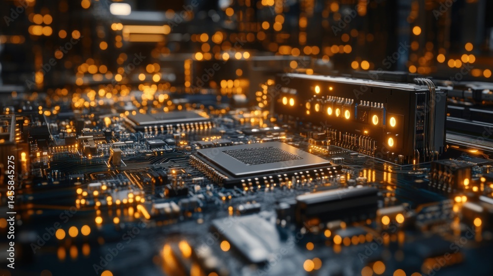 Poster close-up of illuminated circuit board with processors. detailed view of intricate electronic compone