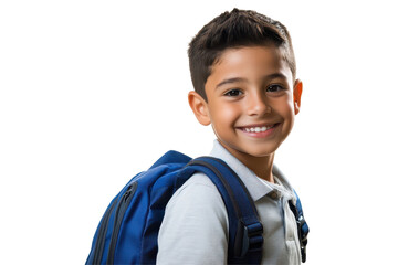 Smiling Latin boy with backpack isolated on white perfect for school campaigns and educational materials