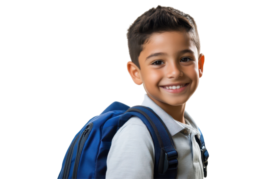 Smiling Latin boy with backpack isolated on white perfect for school campaigns and educational materials