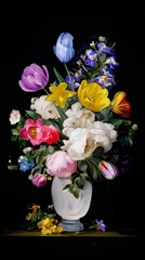 Fototapeta premium Floral arrangement in vase against dark backdrop
