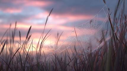 Fototapeta premium A mesmerizing sunrise paints the sky with pastel hues, while a delicate spider web glistens in the foreground. A breathtaking natural scene, full of ethereal beauty.