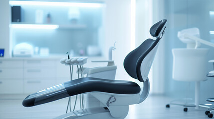 Generated AI , modern dental chair. Background is a bright and minimalistic dental clinic with white and light blue tones. Emphasis on natural lighting from the left side, casting soft shadows.