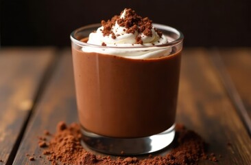 chocolate mousse in glass topped with whipped cream and cocoa powder on wooden table. dessert menu, food blog, culinary advertisement. rich and indulgent treat.
