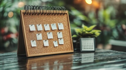 A corkboard calendar with sticky notes, perfect for scheduling and reminders