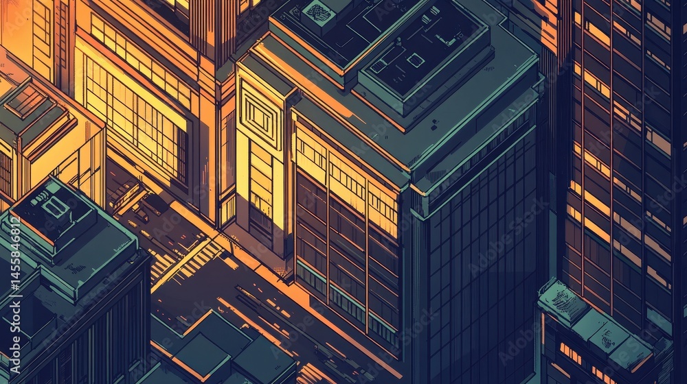 Poster abstract urban tapestry capturing golden hour cityscape modern architecture in geometric shapes for 