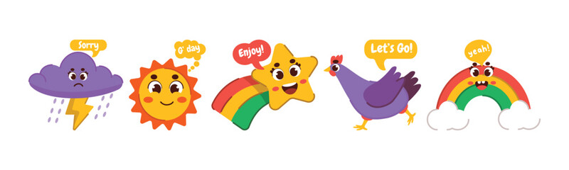 Group of weather and animal cartoon characters with comic expressions, set of elements for design, perfect for children's illustrations or educational materials.