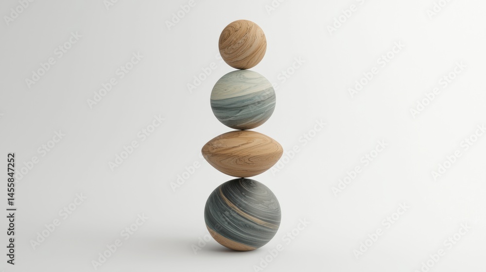 Poster a stack of four spheres of varying colors and textures.