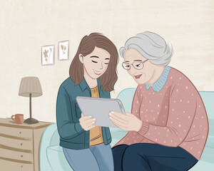 Illustration of a grandmother and granddaughter using a tablet together at home