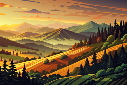 Scenic hilly landscape near St. M&auml;rgen in the Black Forest, Baden-W&uuml;rttemberg, with dense Teis forest bathed in warm evening light. Ideal for travel, nature, and German countryside themes