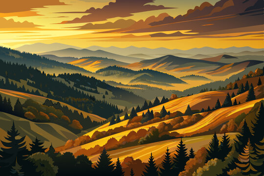 Scenic hilly landscape near St. M&auml;rgen in the Black Forest, Baden-W&uuml;rttemberg, with dense Teis forest bathed in warm evening light. Ideal for travel, nature, and German countryside themes