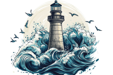 Majestic old lighthouse stands strong amidst crashing ocean waves in this dramatic transparent image design