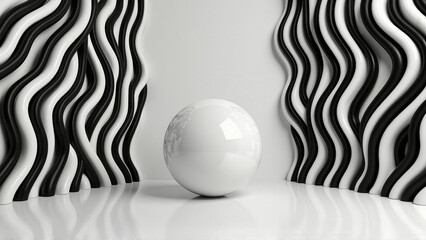 Abstract minimalist design featuring a white sphere centered within wavy black and white sculptural elements on a glossy surface.