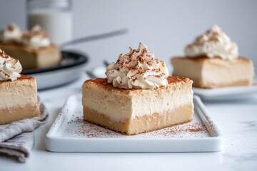 Delicious dessert squares topped with whipped cream and cinnamon served on a white plate