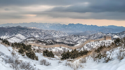 Snowy landscape view of the Great Wall of China, with surrounding mountains.  Vast vista of a winter scene.  A long section of the wall is visible, winding through the snowy mountains