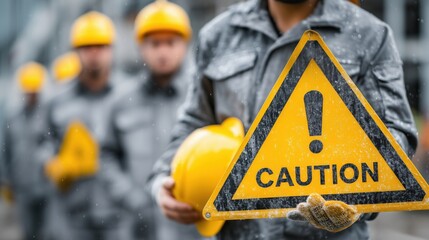 Group of construction workers in safety gear holding yellow caution sign with warning symbol during outdoor work