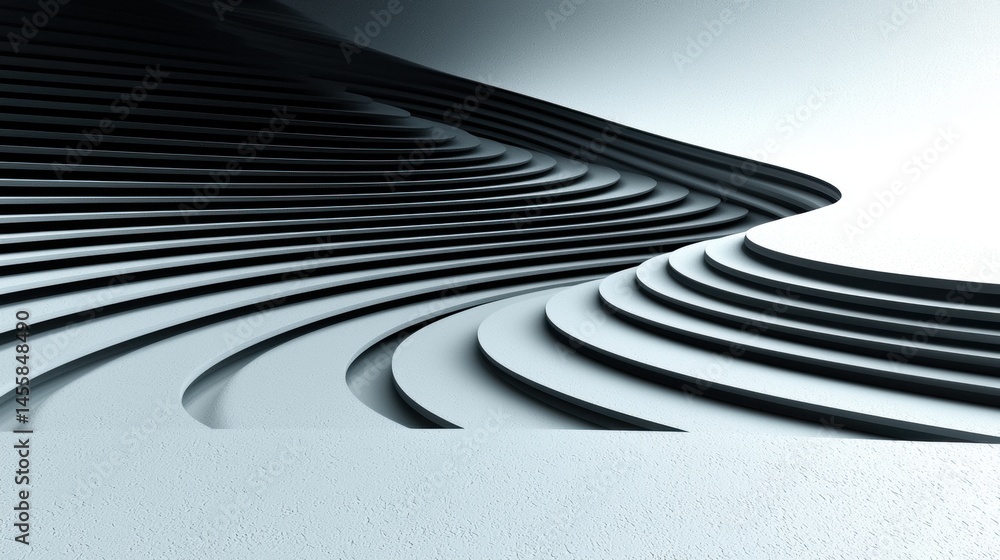 Poster a 3d rendering of a futuristic staircase with a curved design.