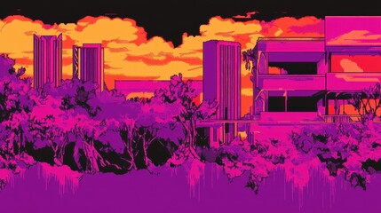 Retro pixelated urban landscape with vibrant sunset and city skyline nostalgia inducing art illustration with 8bit aesthetic charm