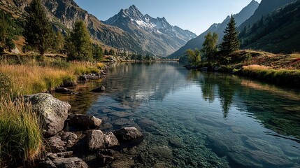 Fototapeta premium A serene mountain landscape with snow-capped peaks reflecting in a crystal-clear alpine lake.