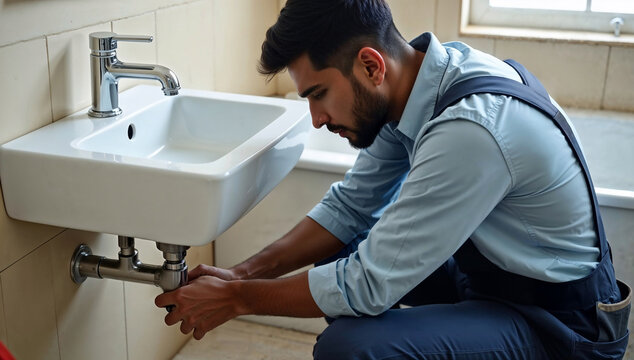 Indian professional plumber inspecting kitchen sink drain with tools wearing uniform and gloves ensuring proper maintenance and plumbing repair service