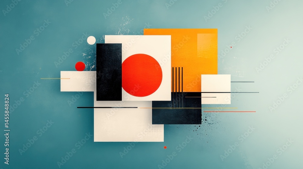 Poster abstract geometric shapes in bold colors and lines, overlapping and layered on a muted teal backgrou
