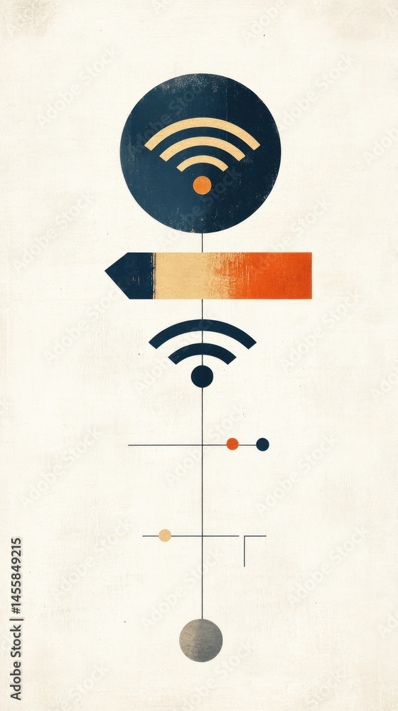 Poster minimalist graphic design featuring layered, abstract shapes and a color palette of muted tones, wit