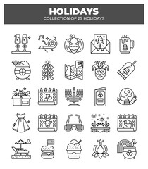 Collection of 25 Holidays. Festive Line Icons for Celebrations
