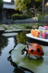 Naklejka premium Ladybug on a lily pad in a pond, sushi in background