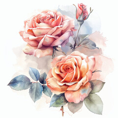 Delicate watercolor roses in soft pastel shades with green leaves and gentle shadows creating serene and elegant floral composition
