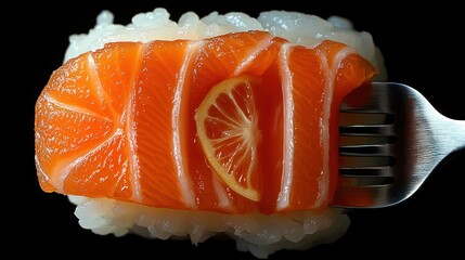 Forkful of salmon sushi with lemon