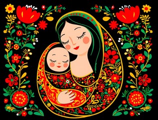 Colorful folk-style illustration of mother holding child on black background with vibrant flowers for cultural, decorative, or parenting-themed design