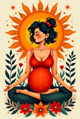 Meditative pregnant woman in yoga lotus pose surrounded by blooming flowers and radiant sun for wellness, maternity, or motherhood content