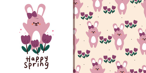 card and pattern cute cartoon bunny and tulip flower. cute animal drawing for card, wallpaper and background