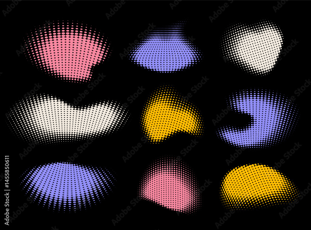 Poster dotted wavy shapes collection. halftone effect elements with curved abstract gradients