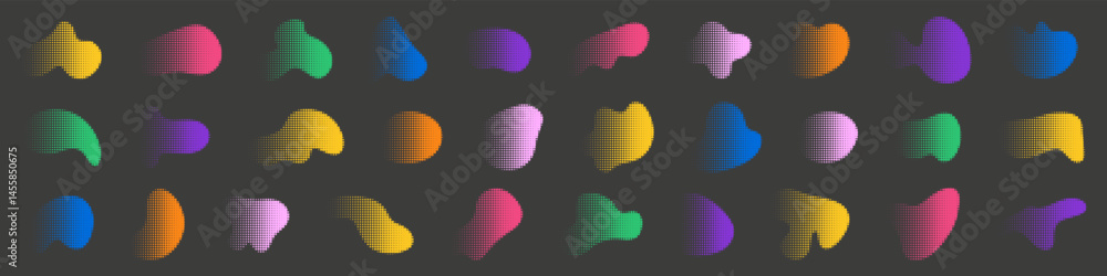 Poster organic shapes with halftone effect set. large collection of colorful dotted gradient design element