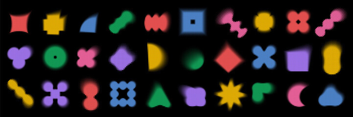 Halftone effect Y2K brutal shapes set. Collection of colorful dotted geometric elements