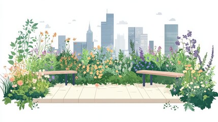 Fototapeta premium Lush Urban Garden with Benches Overlooking a City Skyline