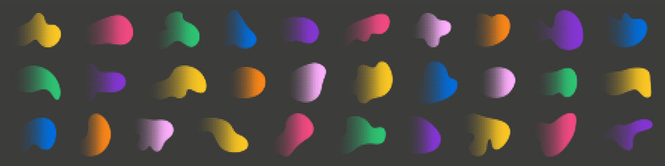 Organic shapes with halftone effect set. Large collection of colorful dotted gradient design elements